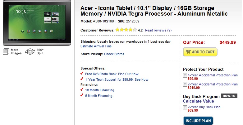 Acer Iconia Tab A500 Best Buy Pricing