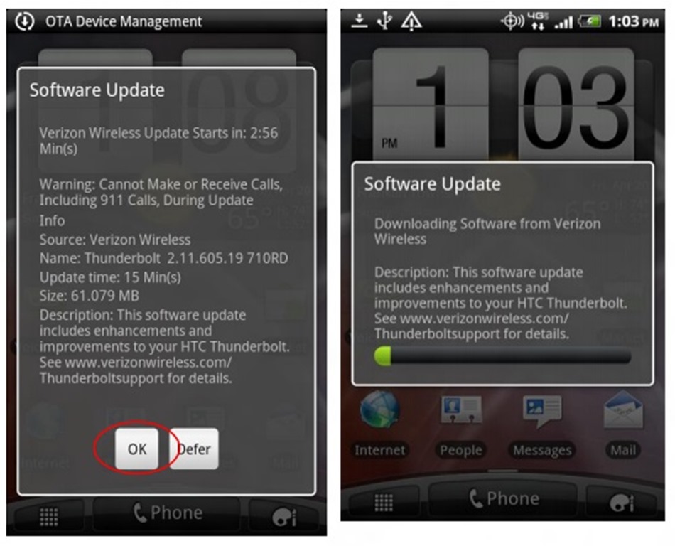 The carrier has begun rolling out the new software update for the HTC Thunderbolt handsets. No, it's not ICS update.