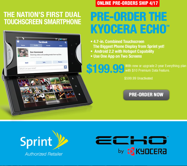 sprint echo price. the Sprint#39;s Kyocera Echo