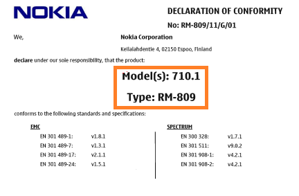 Nokia Lumia 710's Declaration Of Confirmity