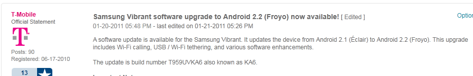 ] Samsung Vibrant From T-Mobile Gets Android 2.2 Froyo Through Kies ...