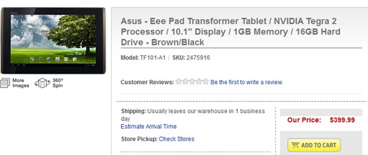 Asus Eee Pad Transformer's Best Buy Pricing