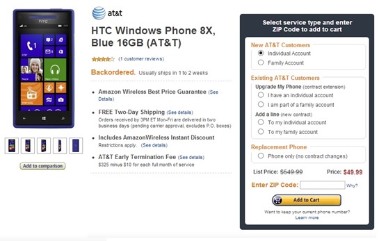 AT&T HTC 8X 16GB Blue for $49