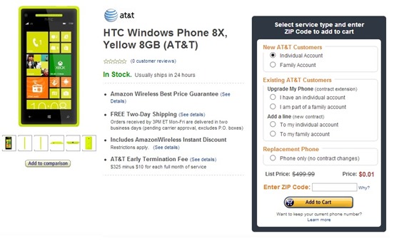 AT&T HTC 8X 8GB Yellow for $0.01
