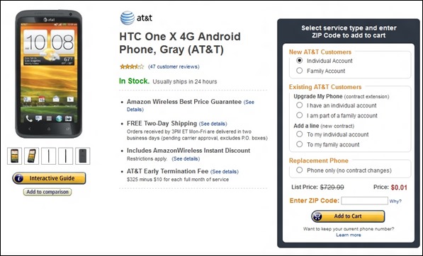 AT&T HTC One X For $0.01 At Amazon
