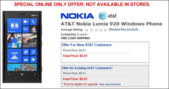 AT&T Lumia 920 for $0.01 at Cartoys.com