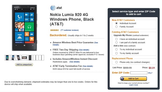 Amazon Offering AT&T Lumia 920 For $0.01