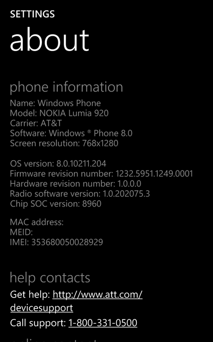 AT&T Nokia Lumia 920 WP8 OS Update 8.0.10211.204
