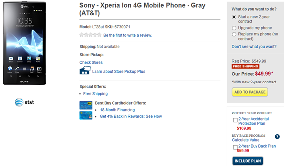 AT&T’s Xperia Ion For $49.99 From Best Buy