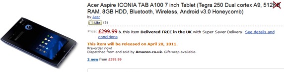Acer Iconia Tab A100 Amazon UK Pricing