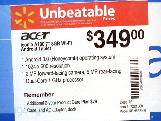 Acer Iconia Tag A100's Walmart Price Tag