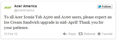  Android 4.0 ICS Update For Acer Iconia A500/A100 In mid-April