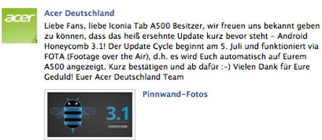Acer Iconia Tab A500 Gets Android 3.1 Update On July 5th In Germany