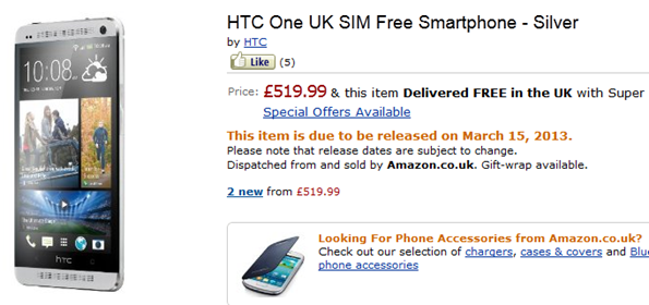Amazon lists HTC One will be available for £519.99