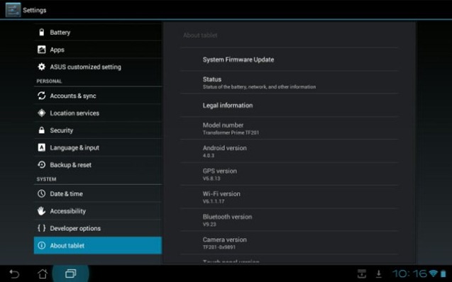 Asus Transformer Prime Android 4.0.3 Ice Cream Sandwich