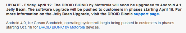 Android 4.1.2 Jelly Bean update for Motorola Droid Bionic will be rolled our starting from April 15