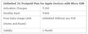 Apple Bsnl 3G Unlimited Tariffs for Postpaid users