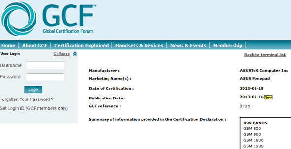 Asus Fonepad GCF cert