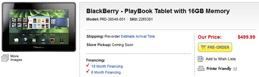 BB PlayBook WiFi BestBuy Pricing