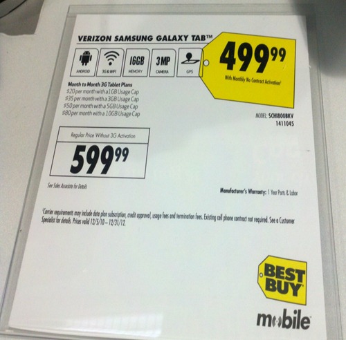 Verizon's Wi-Fi Only Samsung Galaxy Tab for $499 at Best Buy