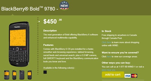 BlackBerry Bold 9780 On Wind carriers Pricing