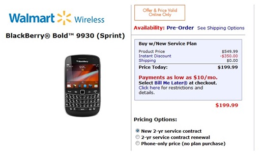 Sprint’s BlackBerry Bold 9930 For $199.99 At Walmart