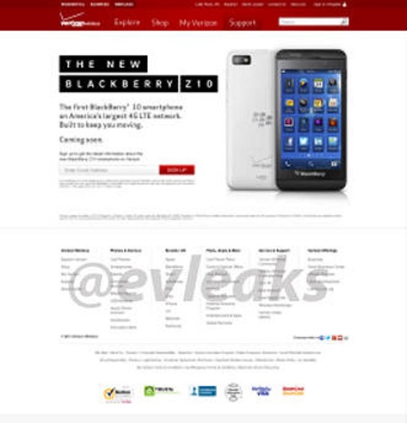 Verizon BlackBerry Z10 Landing Page
