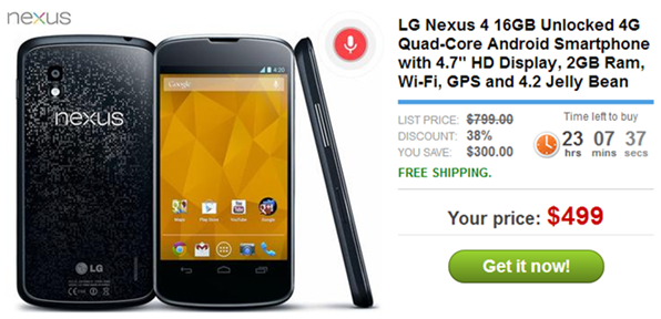 Daily Steals offer 16GB Google Nexus 4 for $499