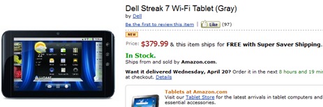 Dell Streak 7 WiFi Amazon Pricing