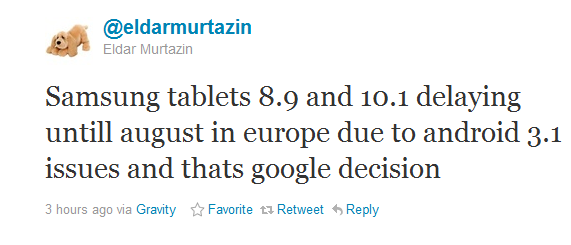 Eldar Tweet about Android 3.1 delay