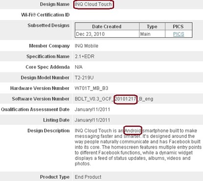 INQ Cloud Touch Facebook Phone With Android  