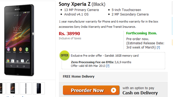 Flipkart is now taking pre-order for the Sony Xperia Z