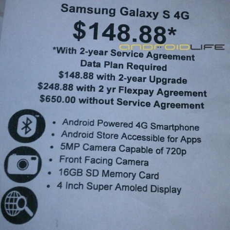 Samsung Galaxy S 4G Pricing at Walmart
