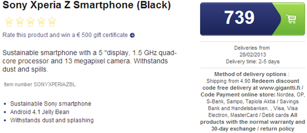 Gigantti started taking pre-order fro the Xperia Z smartphone