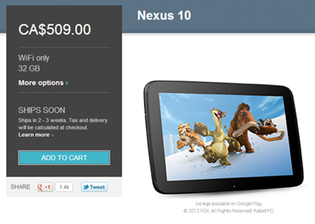 32GB Nexus 10 Now in Stock at the Canada Google Play Store