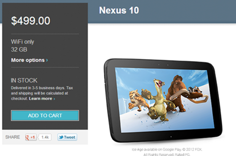 32GB Nexus 10 Now in Stock at the U.S. Google Play Store