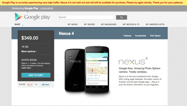 Google Nexus 4 In Stock but High Traffic