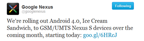 Google-Nexus-S-Android 4.0-ICS-Update-Tweet