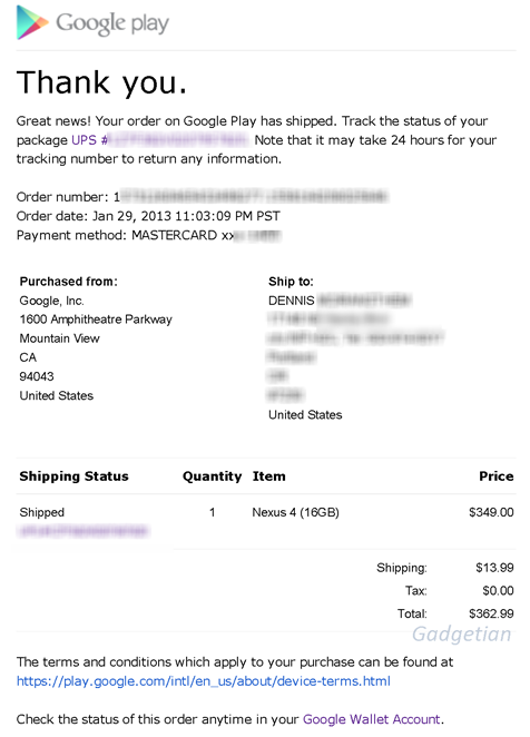 Google Play Nexus 4 Shipped