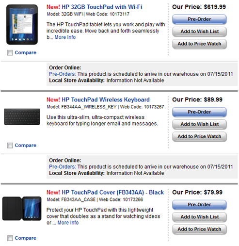 HP TouchPad And Its Accessories Pre-Order Availability At Best Buy
