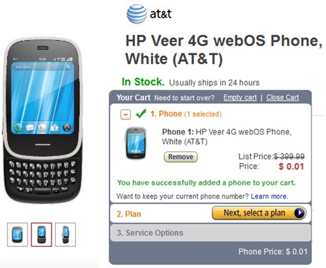 AT&T's HP Veer 4G White For $0.01 At Amazon