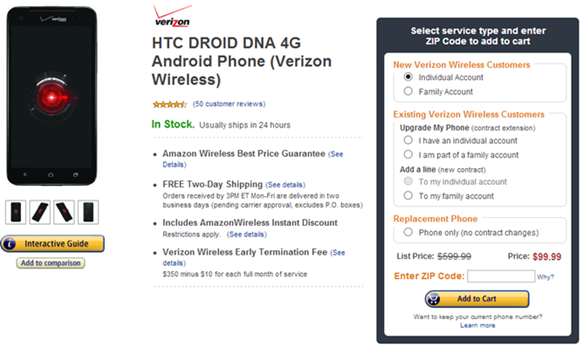 HTC Droid DNA for $99 at Amazon