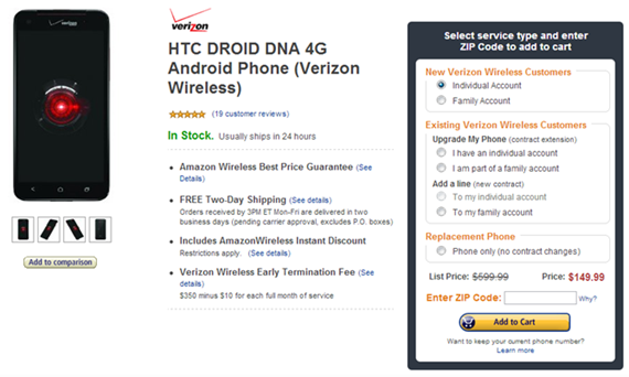 HTC Droid DNA Drooped To $149 by Amazon