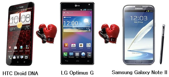 HTC Droid DNA Vs Samsung Galaxy Note II Vs LG Optimus G