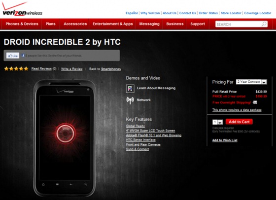 Droid Incredible 2 Pricing By Verizon