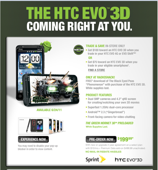 HTC EVO 3D RadioShack TradeIn Prog & PreOrders