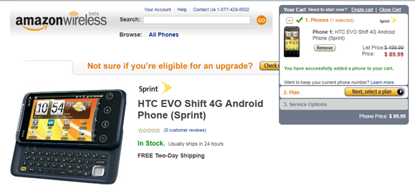 Sprint's HTC EVO Shift 4G Amazon Pricing