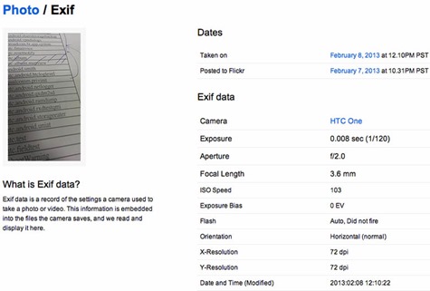 HTC One Test Photo Exif Data