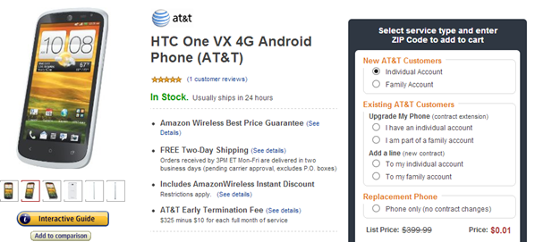 AT&T HTC One VX White for $0.01 at Amazon Wireless