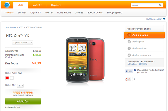 AT&T HTC One VX Red for $0.09